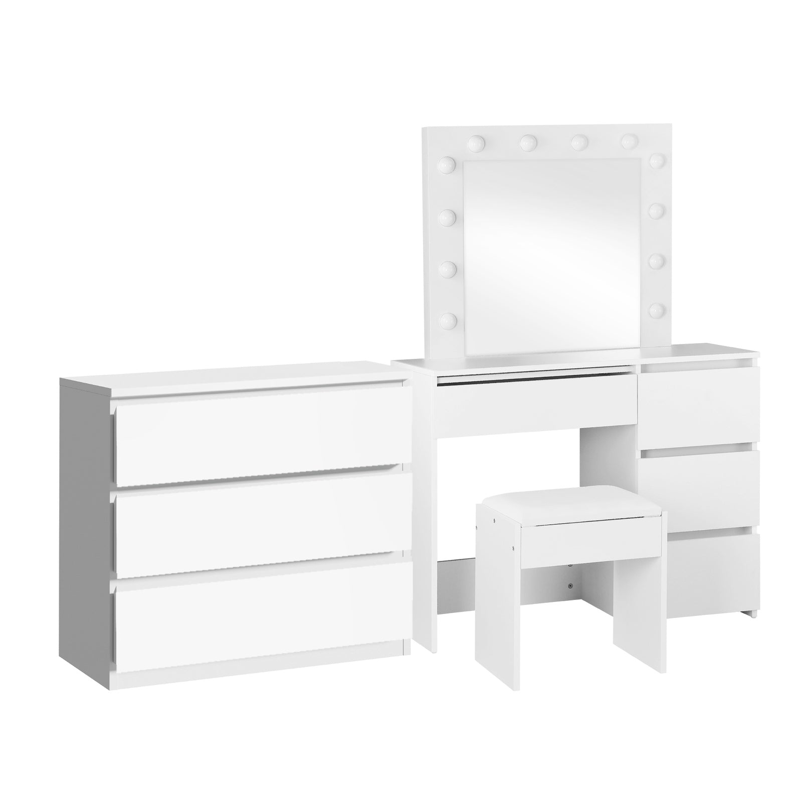 Oikiture Dressing Table Stool Set Makeup Mirror Desk 7 Drawers LED White - Sunyee