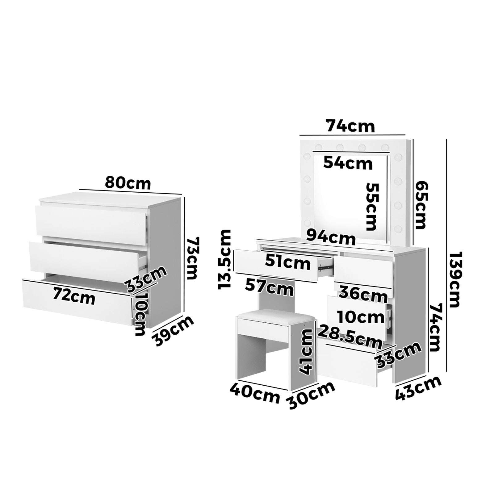 Oikiture Dressing Table Stool Set Makeup Mirror Desk 7 Drawers LED White - Sunyee