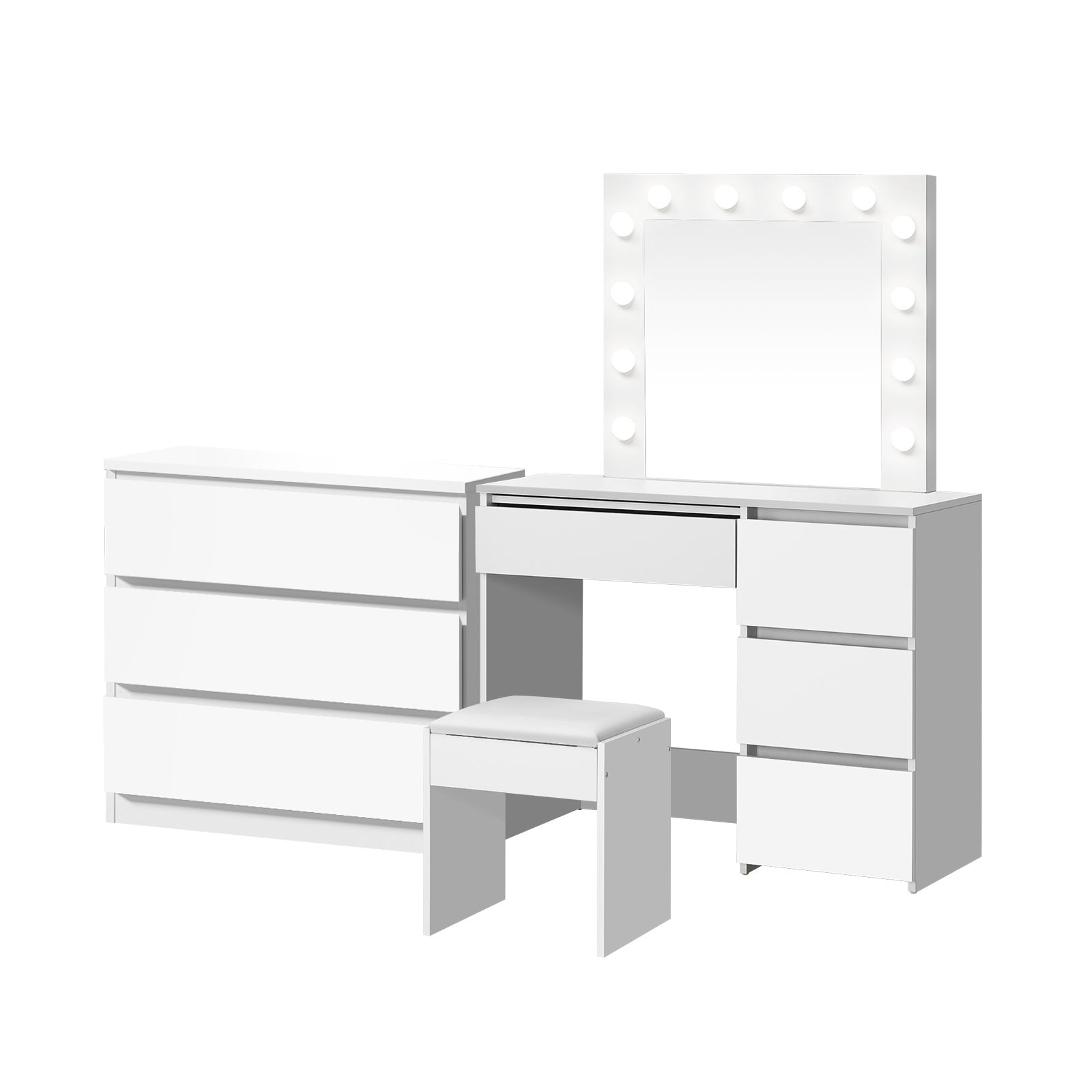 Oikiture Dressing Table Stool Set Makeup Mirror Desk 7 Drawers LED White - Sunyee