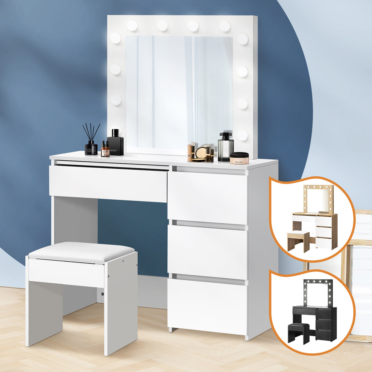 Oikiture Dressing Table Stool Set Makeup Desk Mirror Storage 12 LED Bulbs - Sunyee