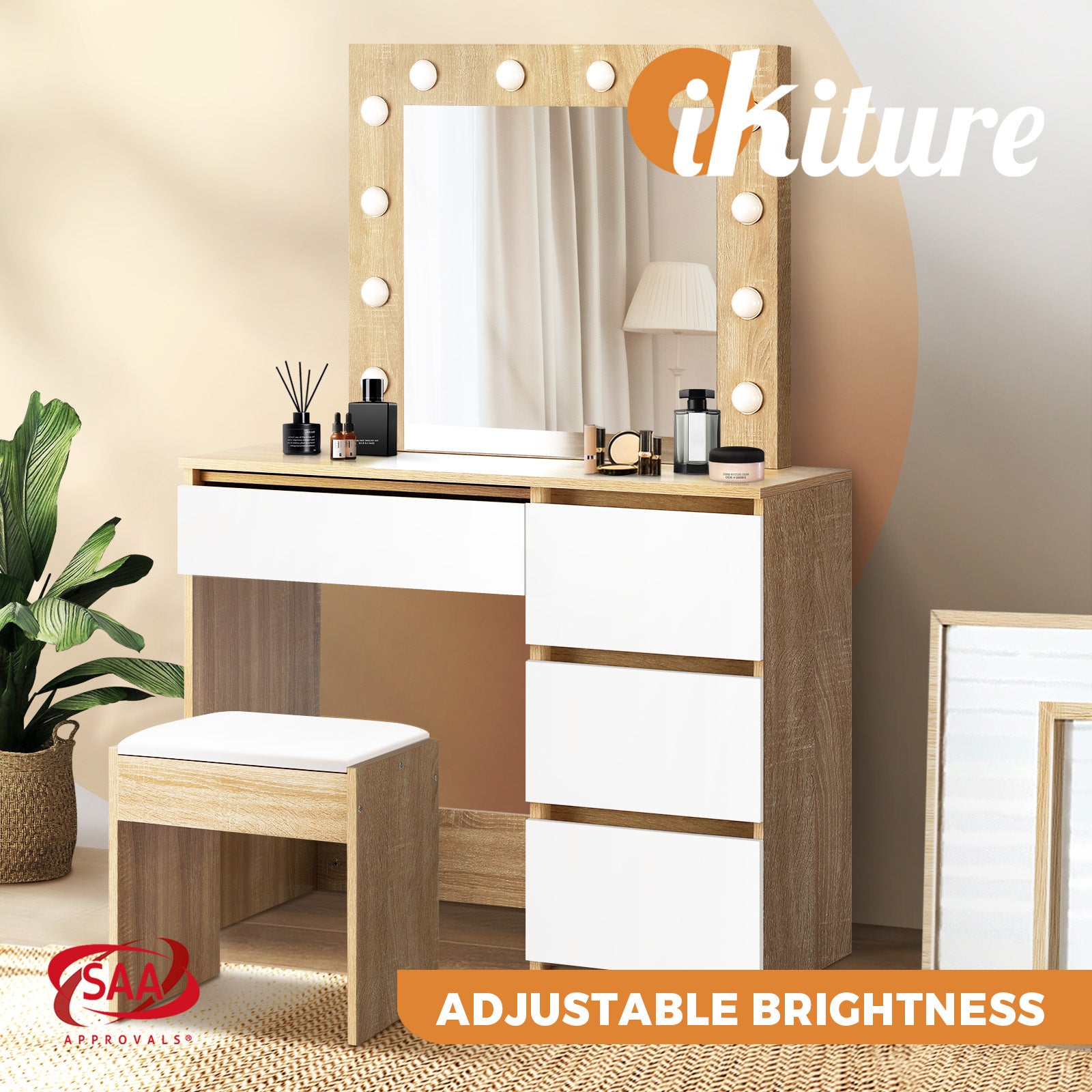 Oikiture Dressing Table Stool Set Makeup Desk Mirror Storage Dresser LED Bulbs