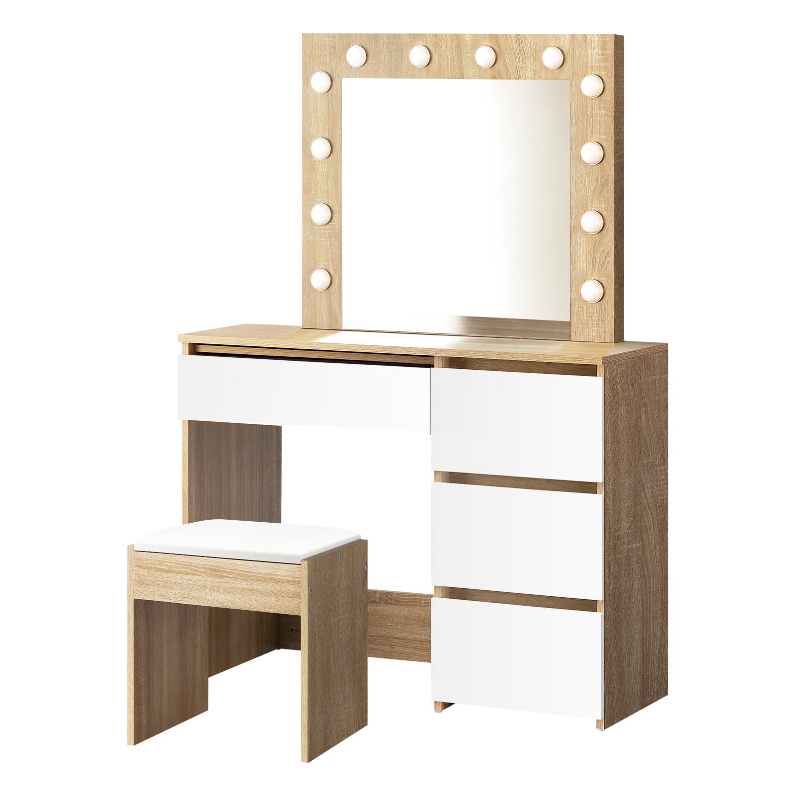 Oikiture Dressing Table Stool Set Makeup Desk Mirror Storage Dresser LED Bulbs