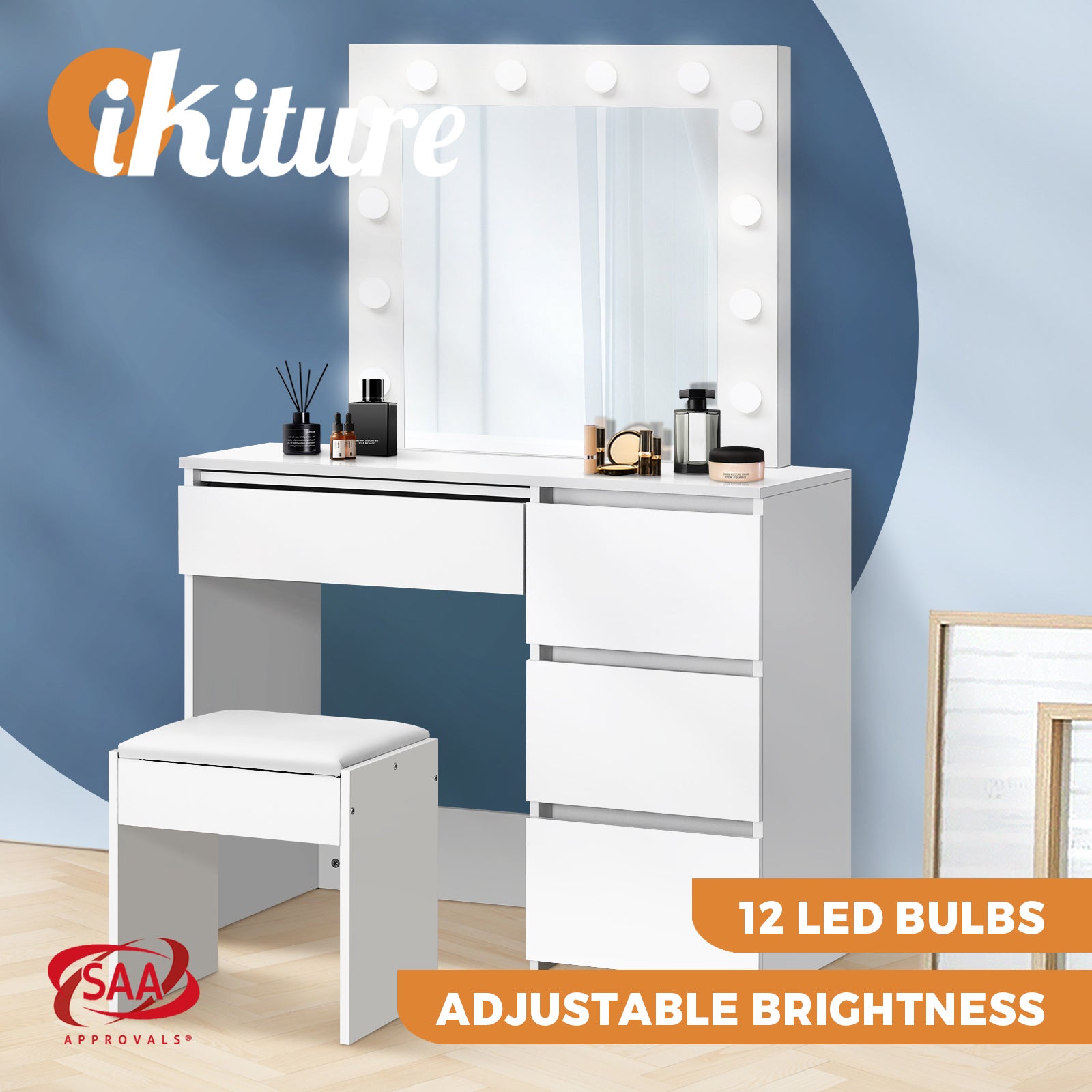 Oikiture Dressing Table Stool Set Makeup Desk Mirror Storage Dresser LED Bulbs