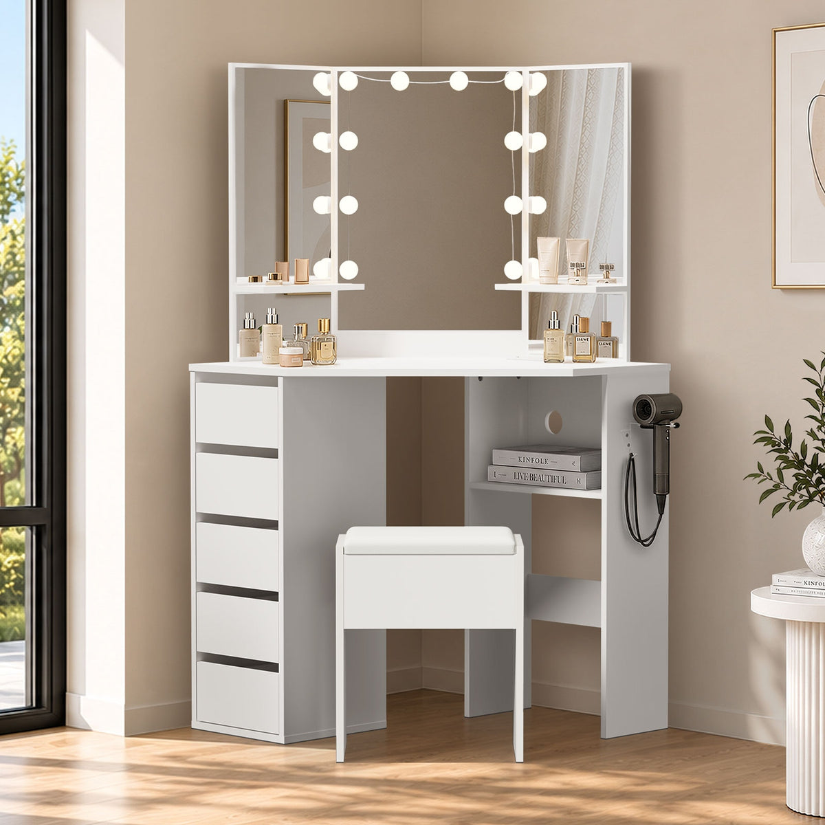 Oikiture Corner Dressing Table Set Tri-fold Mirror LED Drawers Storage White