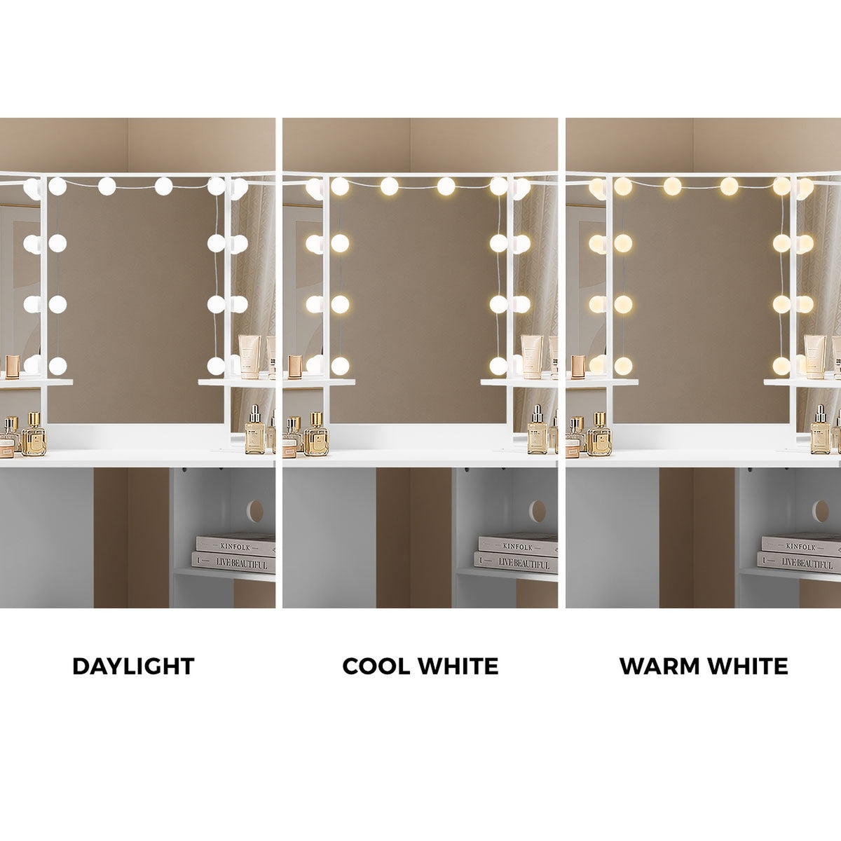 Oikiture Corner Dressing Table Set Tri-fold Mirror LED Drawers Storage White