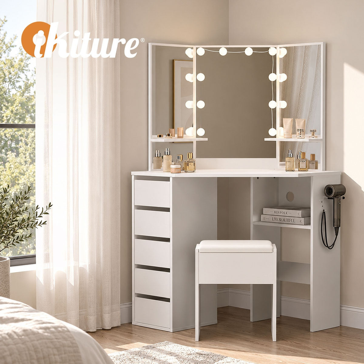Oikiture Corner Dressing Table Set Tri-fold Mirror LED Drawers Storage White