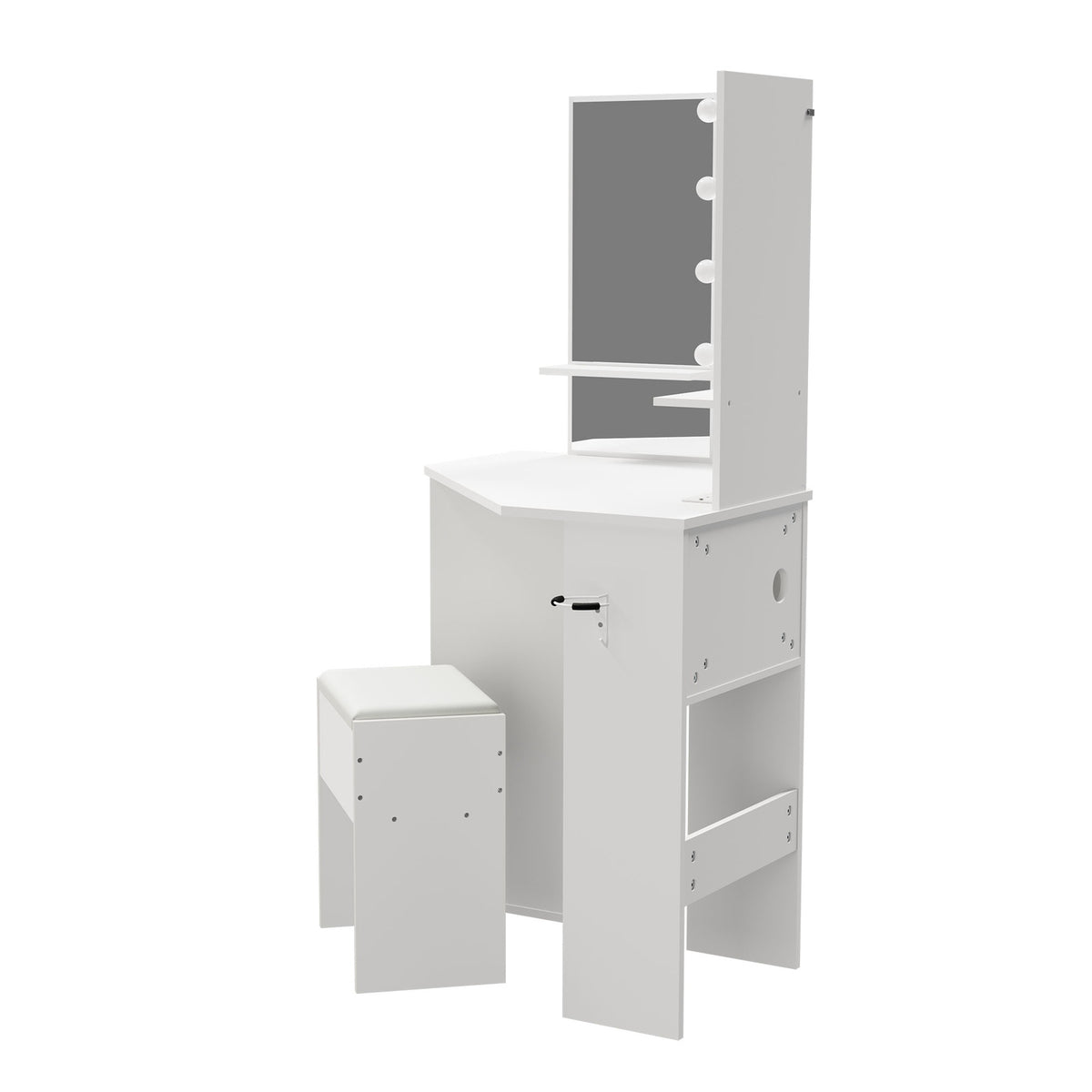 Oikiture Corner Dressing Table Set Tri-fold Mirror LED Drawers Storage White