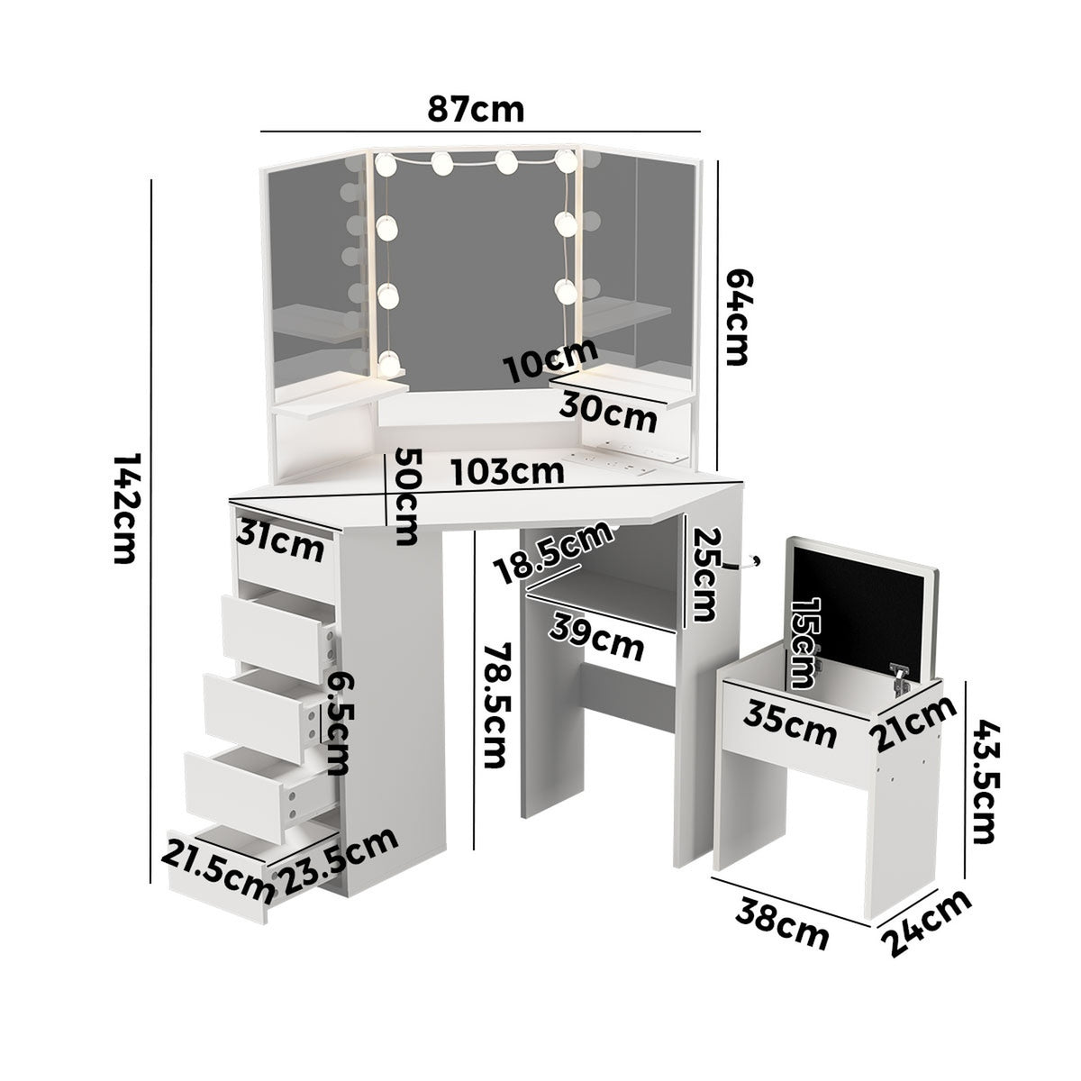 Oikiture Corner Dressing Table Set Tri-fold Mirror LED Drawers Storage White