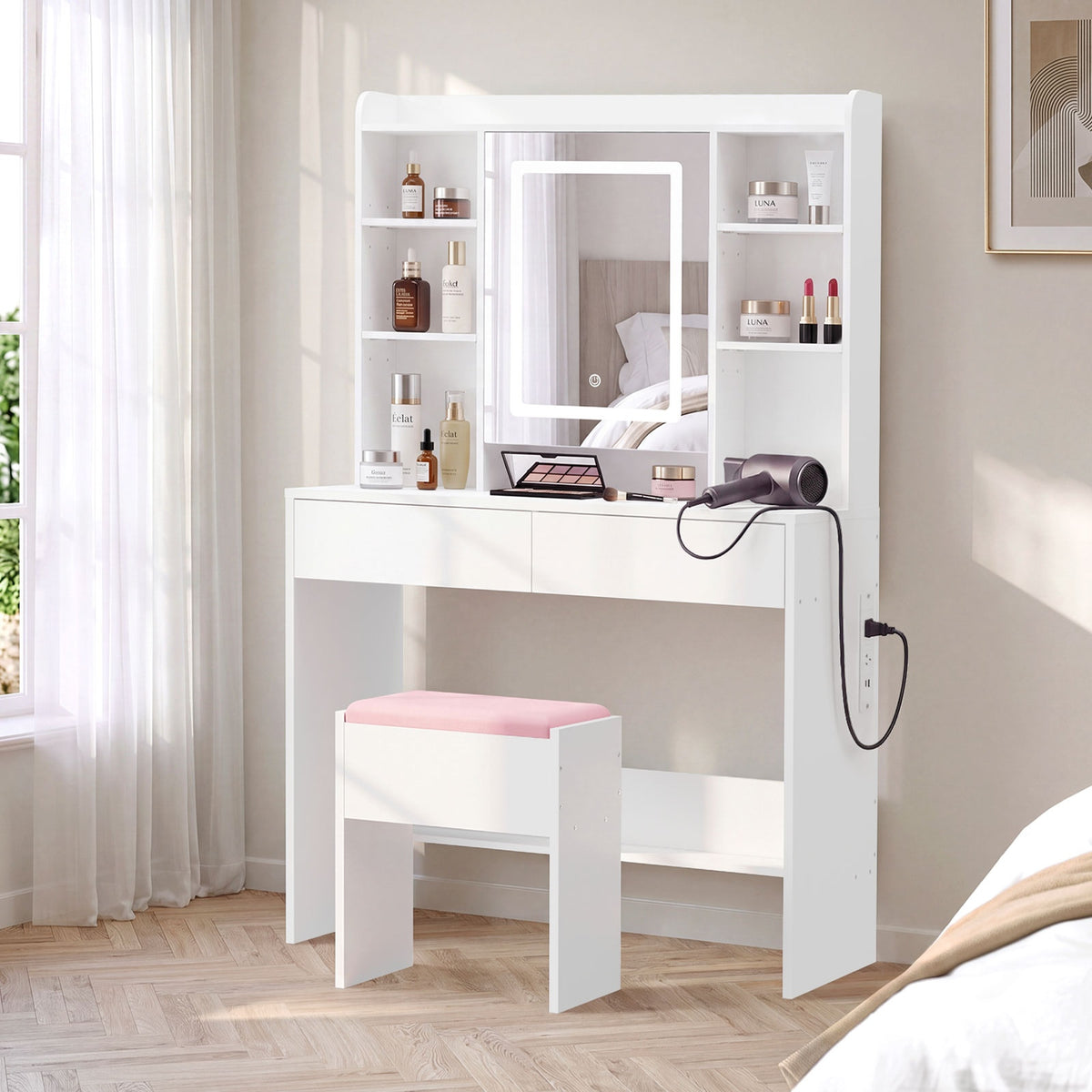 Oikiture Dressing Table Set Touch Control LED Mirror with Charging Station White