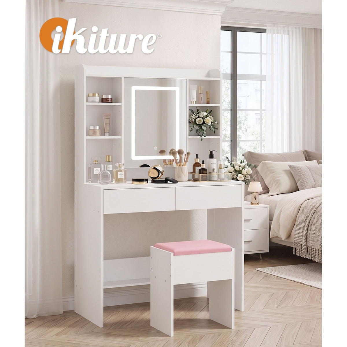 Oikiture Dressing Table Set Touch Control LED Mirror with Charging Station White