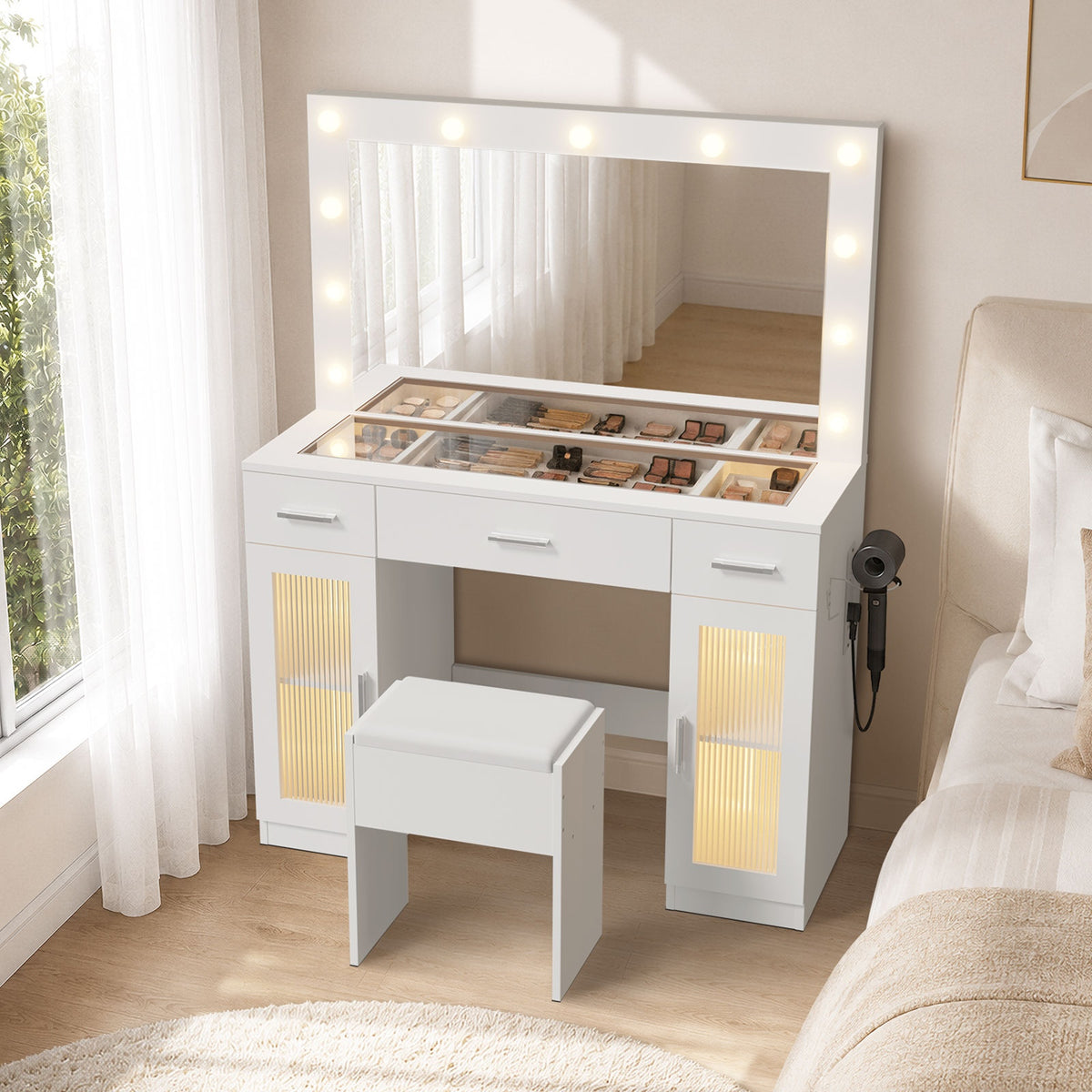 Oikiture Dressing Table Set 11 LED Bulbs Glass Tabletop Shelves & Drawers White