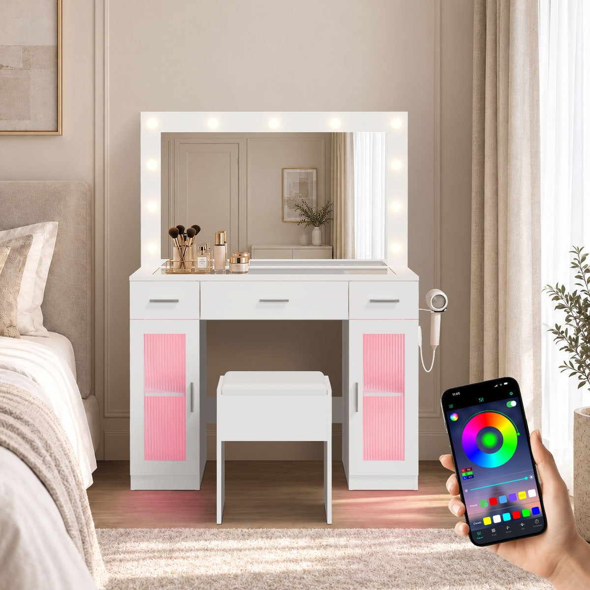 Oikiture Dressing Table Set 11 LED Bulbs Glass Tabletop Shelves & Drawers White