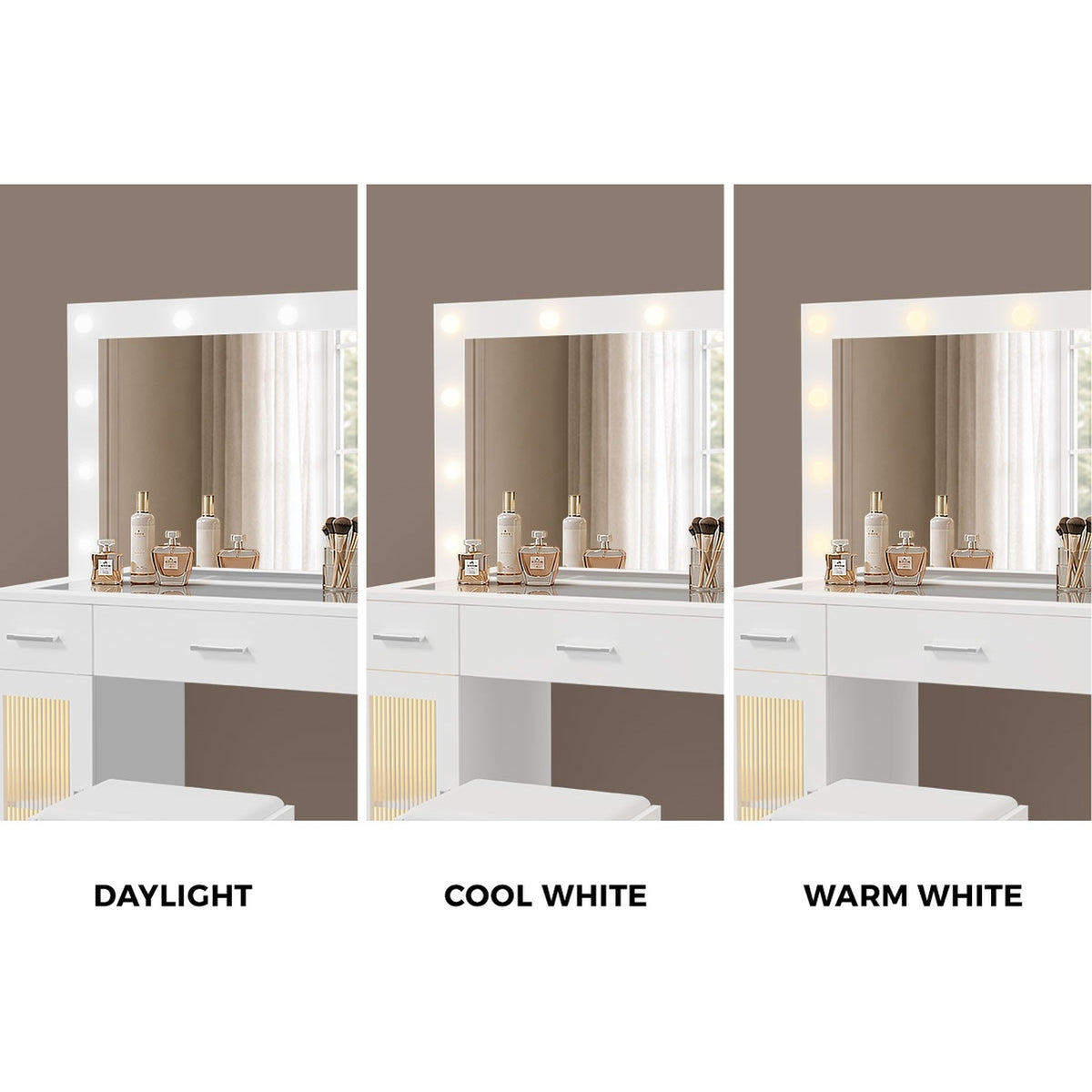 Oikiture Dressing Table Set 11 LED Bulbs Glass Tabletop Shelves & Drawers White