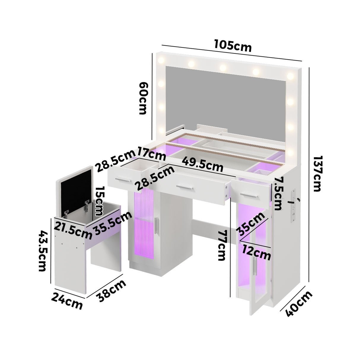 Oikiture Dressing Table Set 11 LED Bulbs Glass Tabletop Shelves & Drawers White
