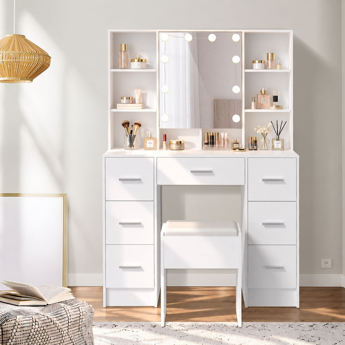 Oikiture Dressing Table Set 10 LED Bulbs Shelves 7 Drawers Vanity Desk White