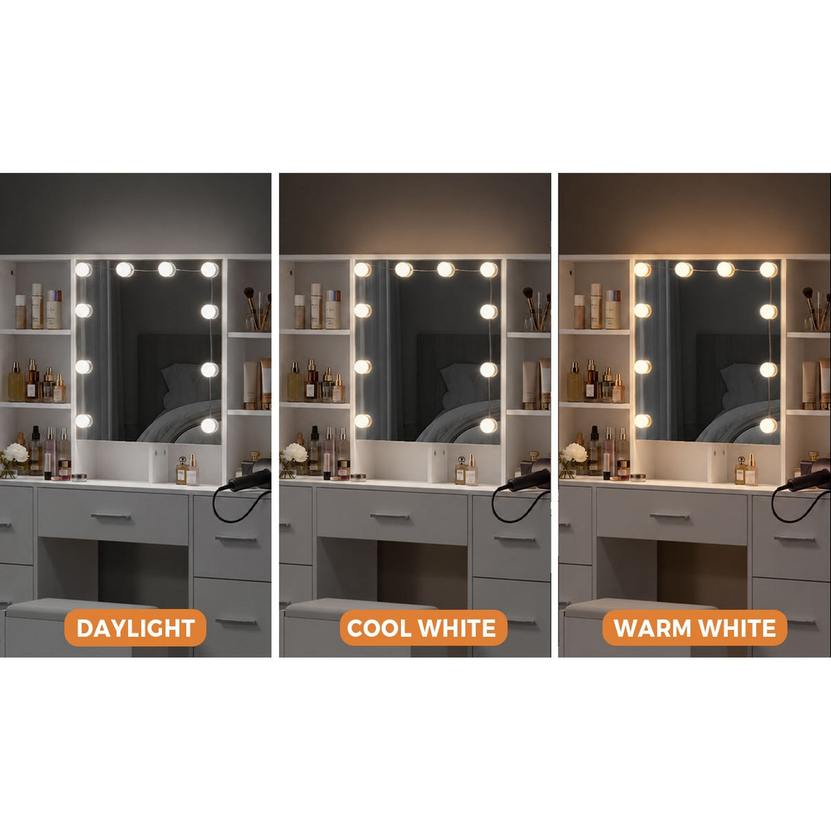 Oikiture Dressing Table Set 10 LED Bulbs Shelves 7 Drawers Vanity Desk White