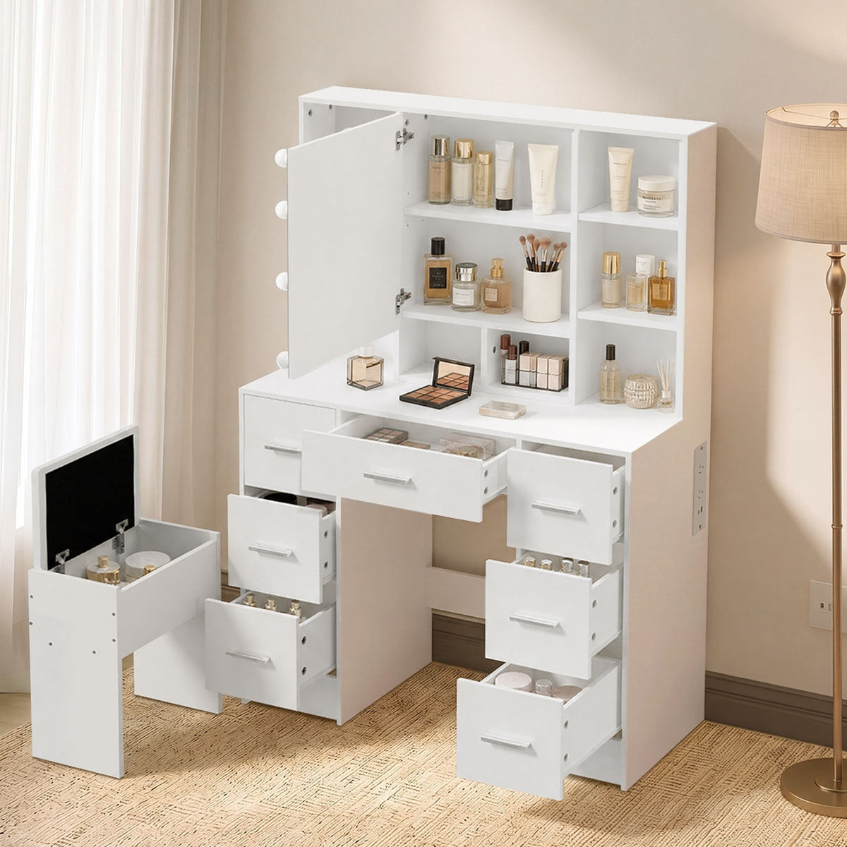 Oikiture Dressing Table Set 10 LED Bulbs Shelves 7 Drawers Vanity Desk White
