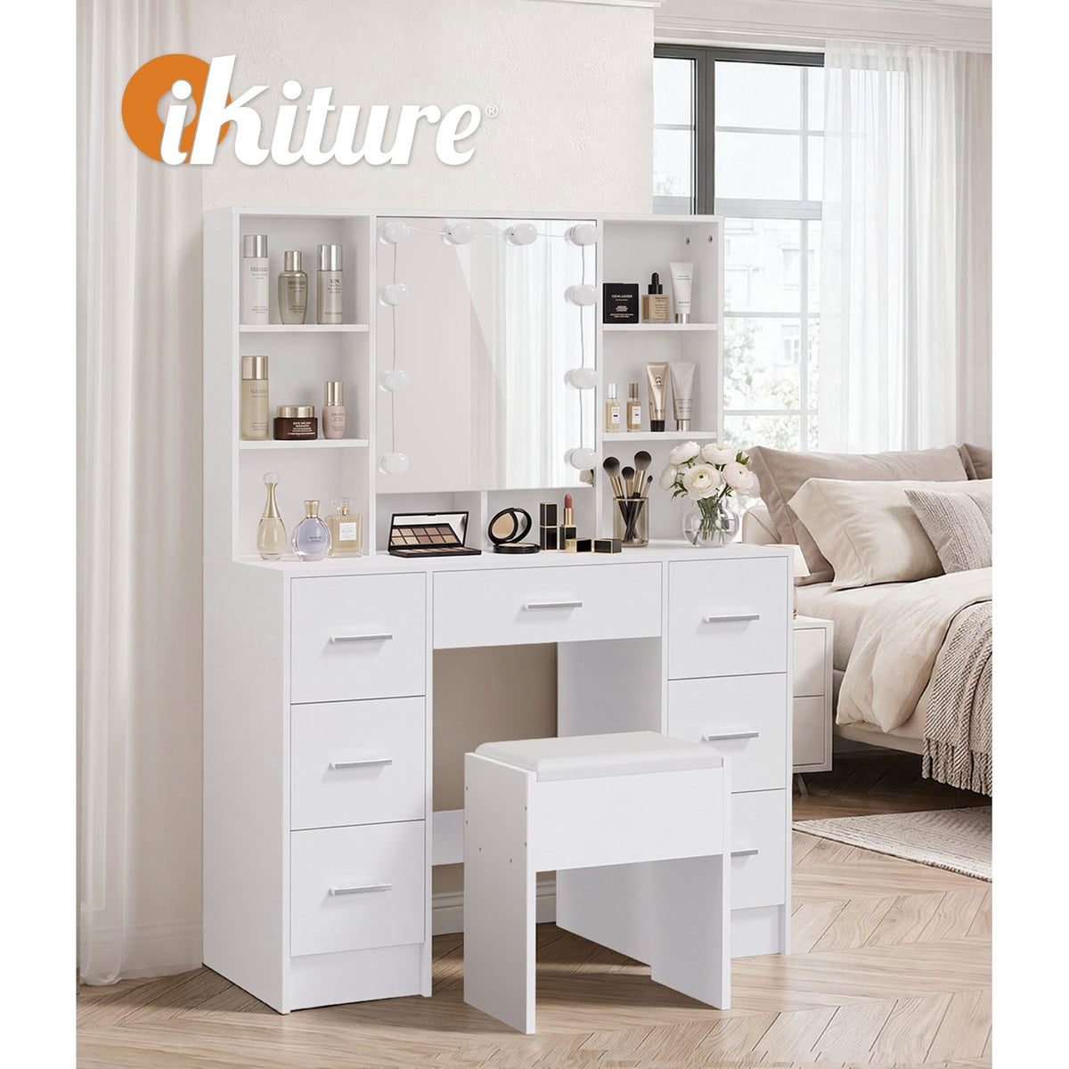 Oikiture Dressing Table Set 10 LED Bulbs Shelves 7 Drawers Vanity Desk White