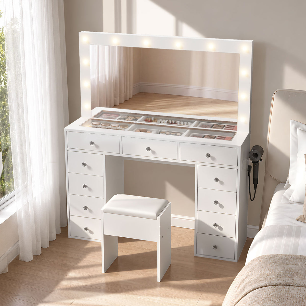 Oikiture Dressing Table Set LED Lights Glass Tabletop 11 Drawers White
