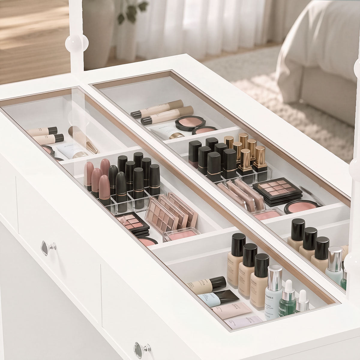 Oikiture Dressing Table Set LED Lights Glass Tabletop 11 Drawers White