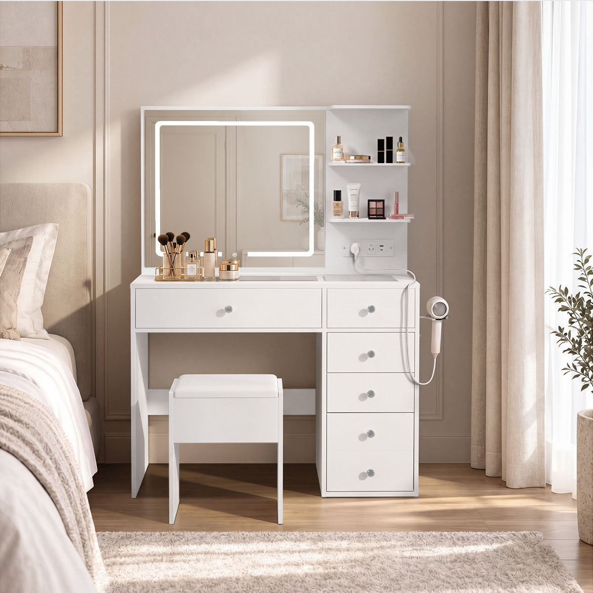 Oikiture Dressing Table Set LED Lights Glass Tabletop 5 Drawers White