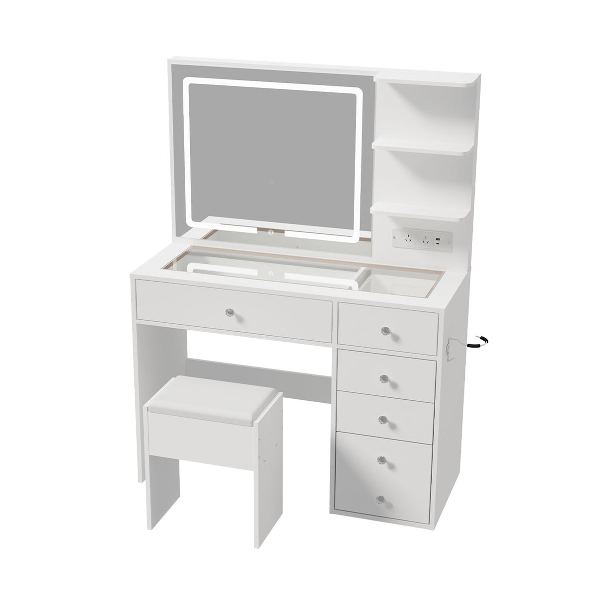 Oikiture Dressing Table Set LED Lights Glass Tabletop 5 Drawers White