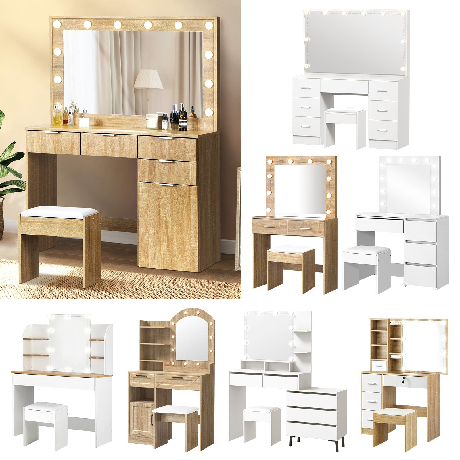 Oikiture Dressing Table Stool Set Makeup Desk Mirror Storage Dresser LED Bulbs
