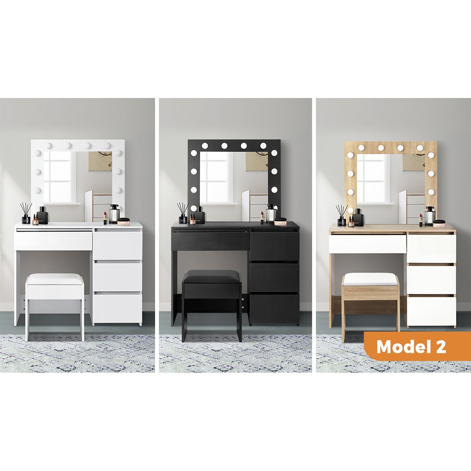 Oikiture Dressing Table Stool Set Makeup Desk Mirror Storage Dresser LED Bulbs