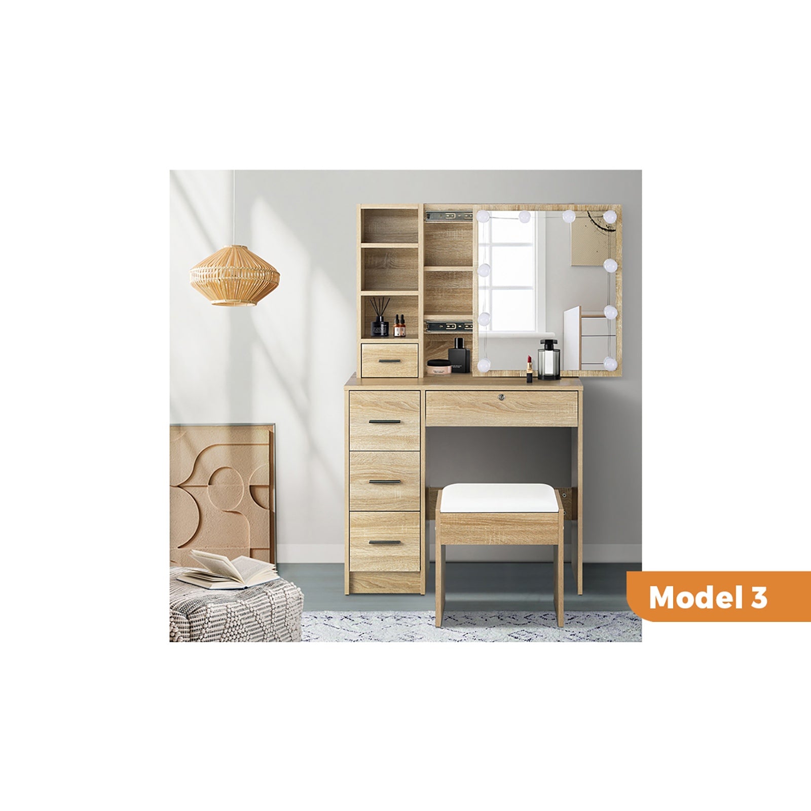 Oikiture Dressing Table Stool Set Makeup Desk Mirror Storage Dresser LED Bulbs