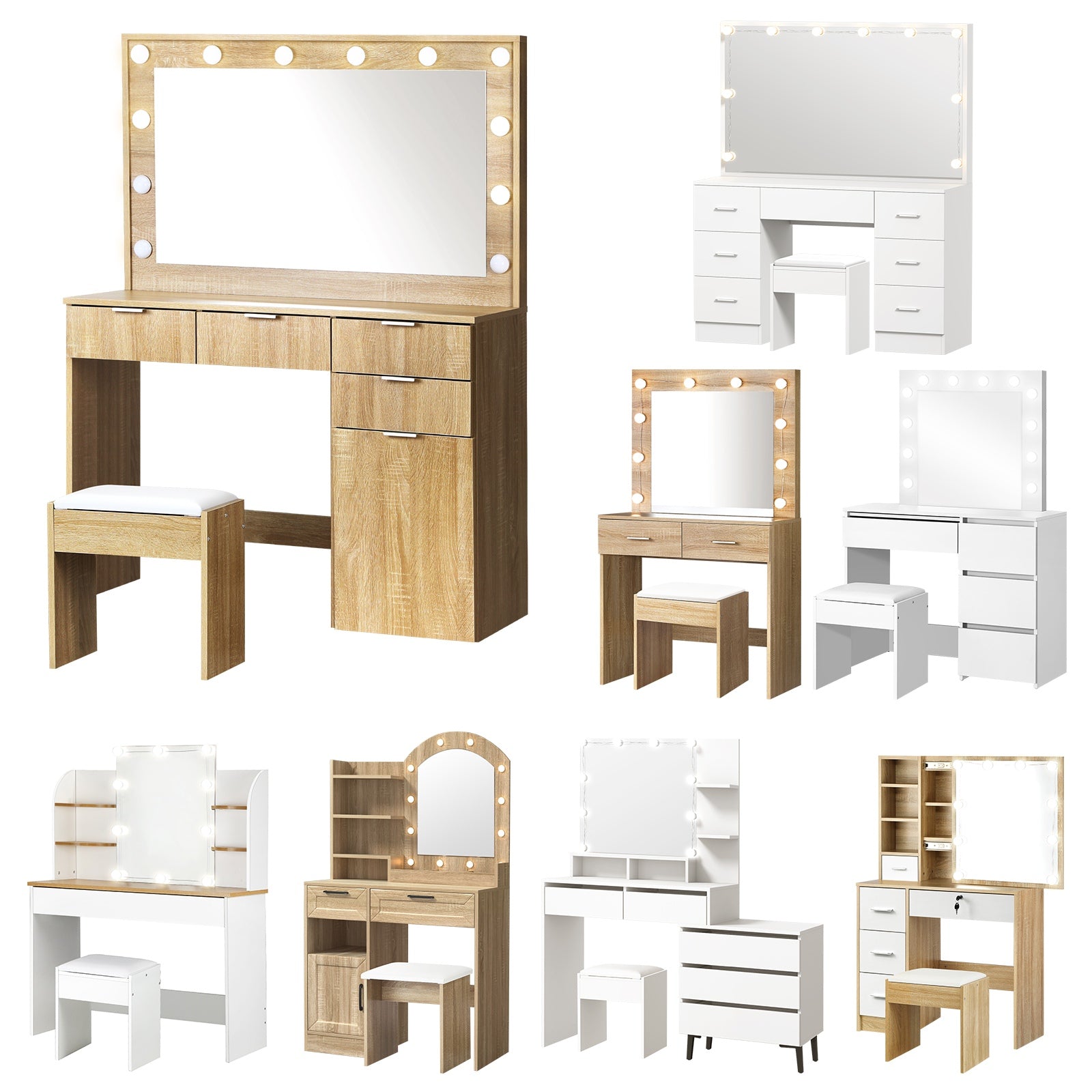 Oikiture Dressing Table Stool Set Makeup Desk Mirror Storage Dresser LED Bulbs