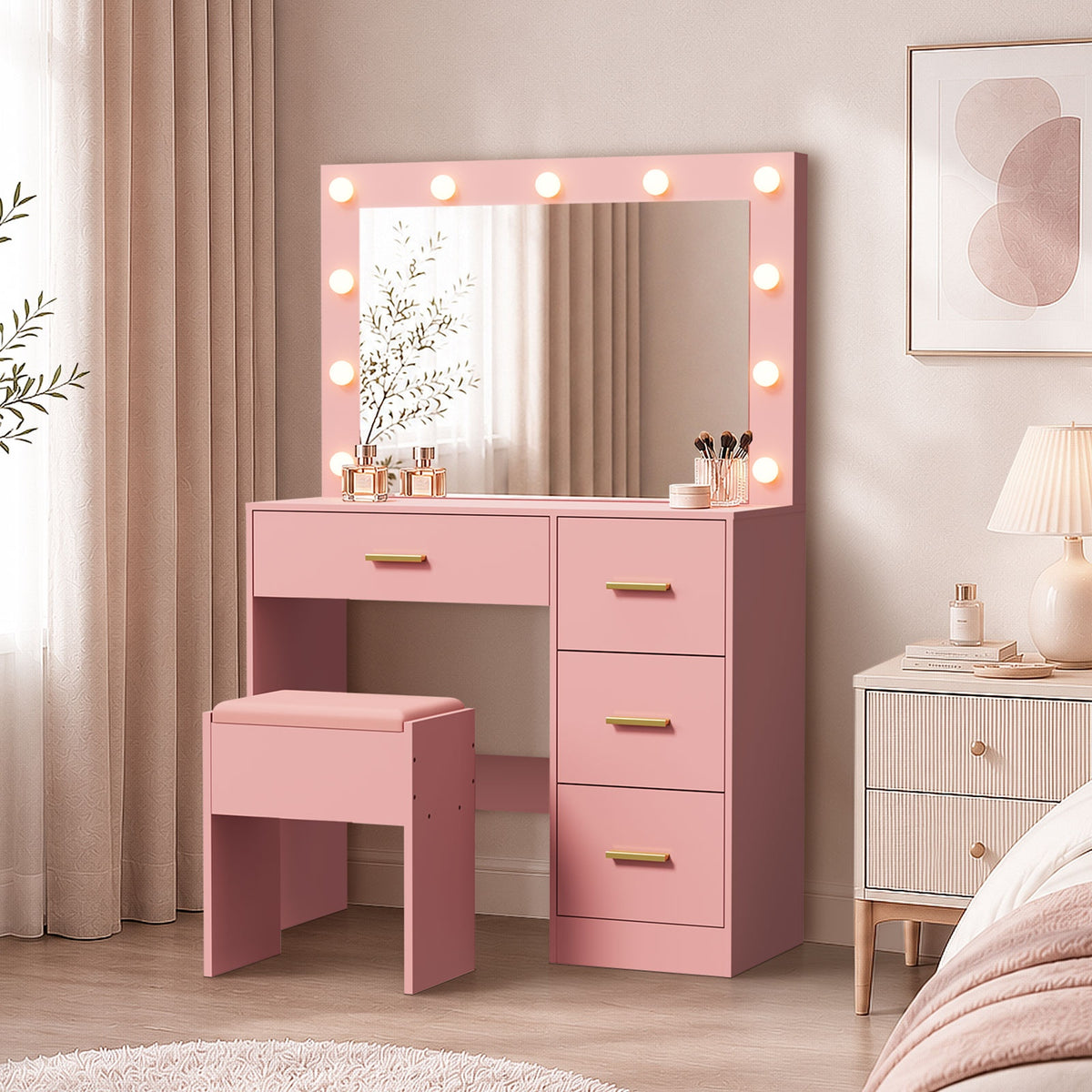 Oikiture Dressing Table Set Stool Storage Makeup LED Lights 4 Drawers Pink