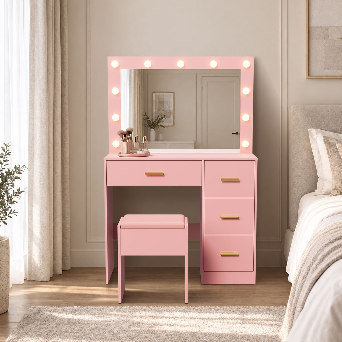 Oikiture Dressing Table Set Stool Storage Makeup LED Lights 4 Drawers Pink
