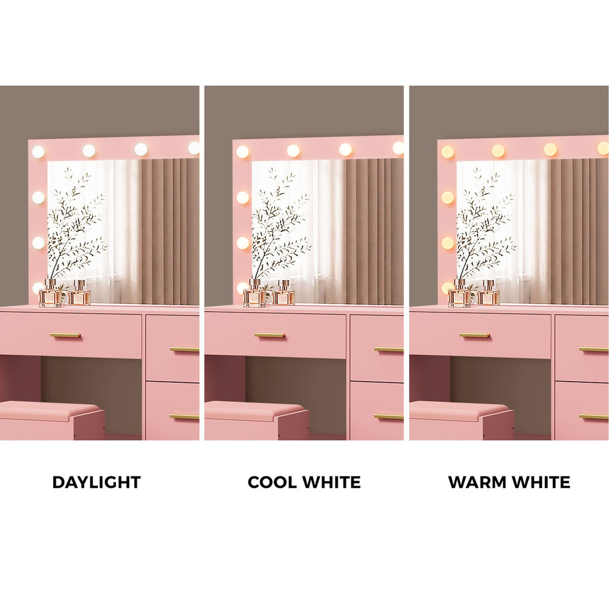 Oikiture Dressing Table Set Stool Storage Makeup LED Lights 4 Drawers Pink