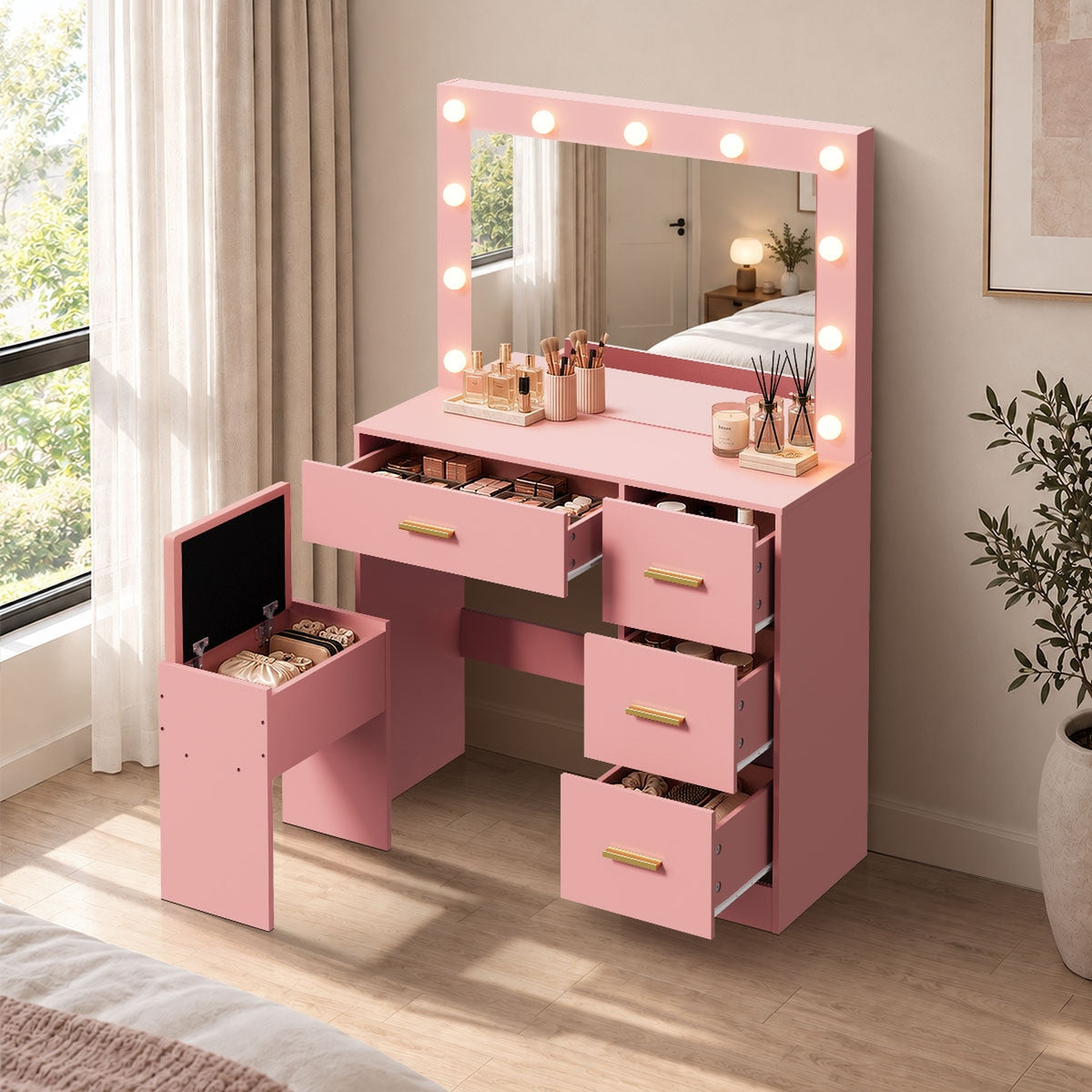 Oikiture Dressing Table Set Stool Storage Makeup LED Lights 4 Drawers Pink
