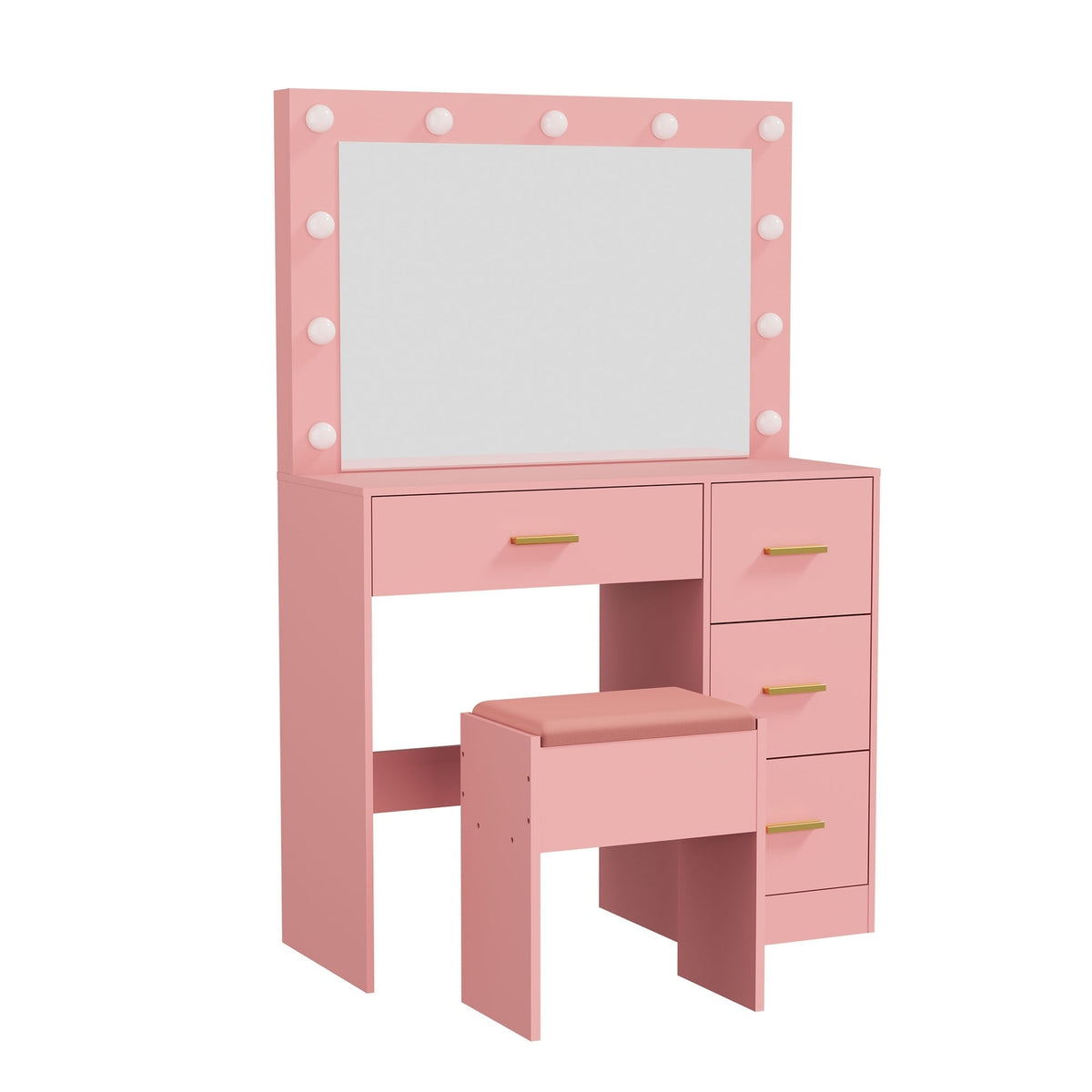 Oikiture Dressing Table Set Stool Storage Makeup LED Lights 4 Drawers Pink