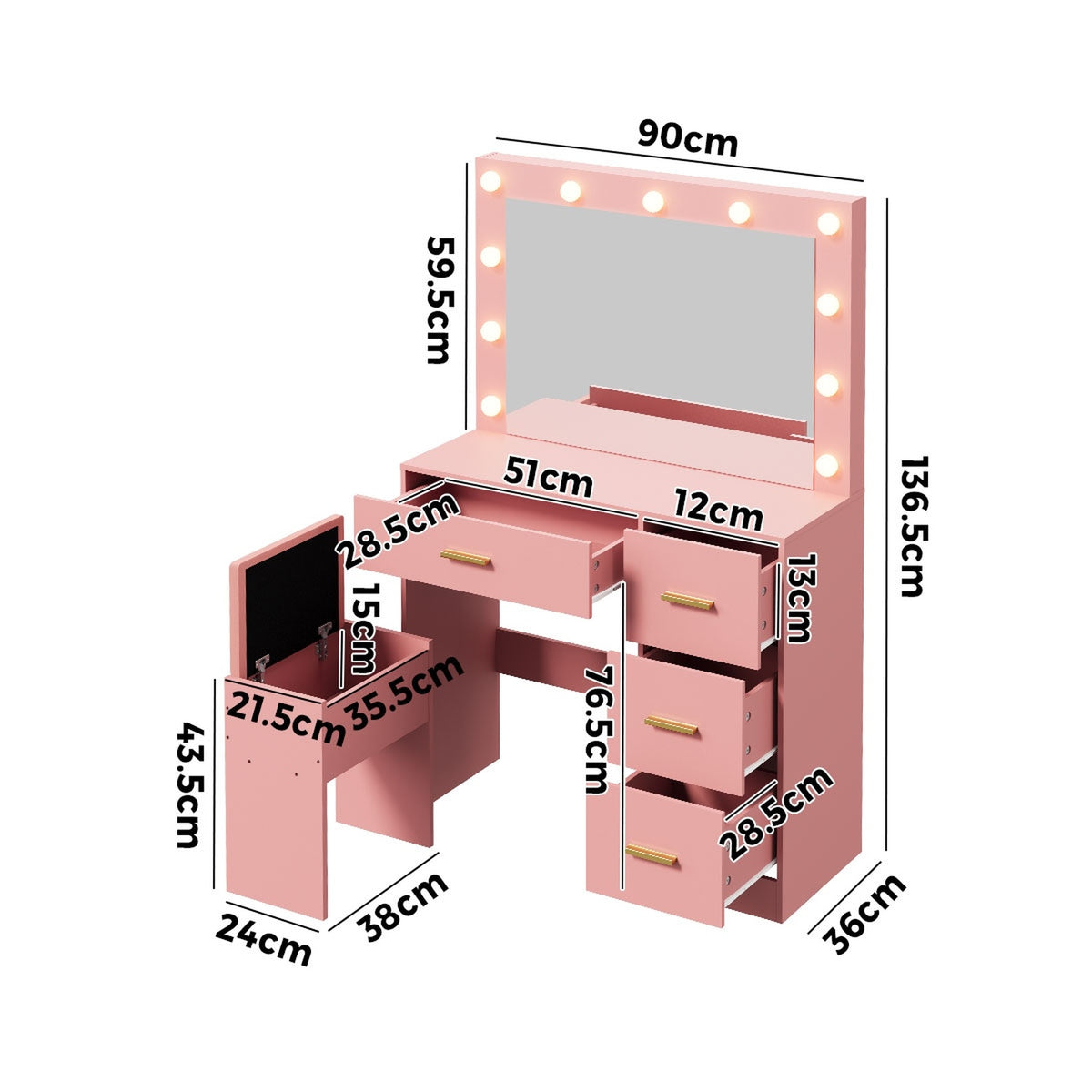 Oikiture Dressing Table Set Stool Storage Makeup LED Lights 4 Drawers Pink