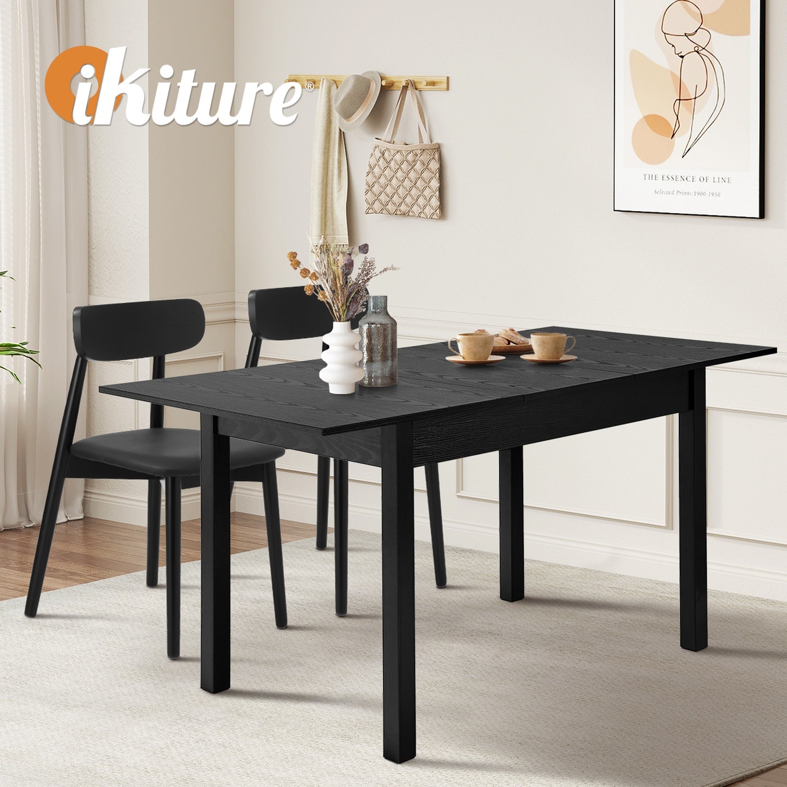 Oikiture 160cm Extendable Dining Table Wooden Rectangular Kitchen Table Black - Sunyee