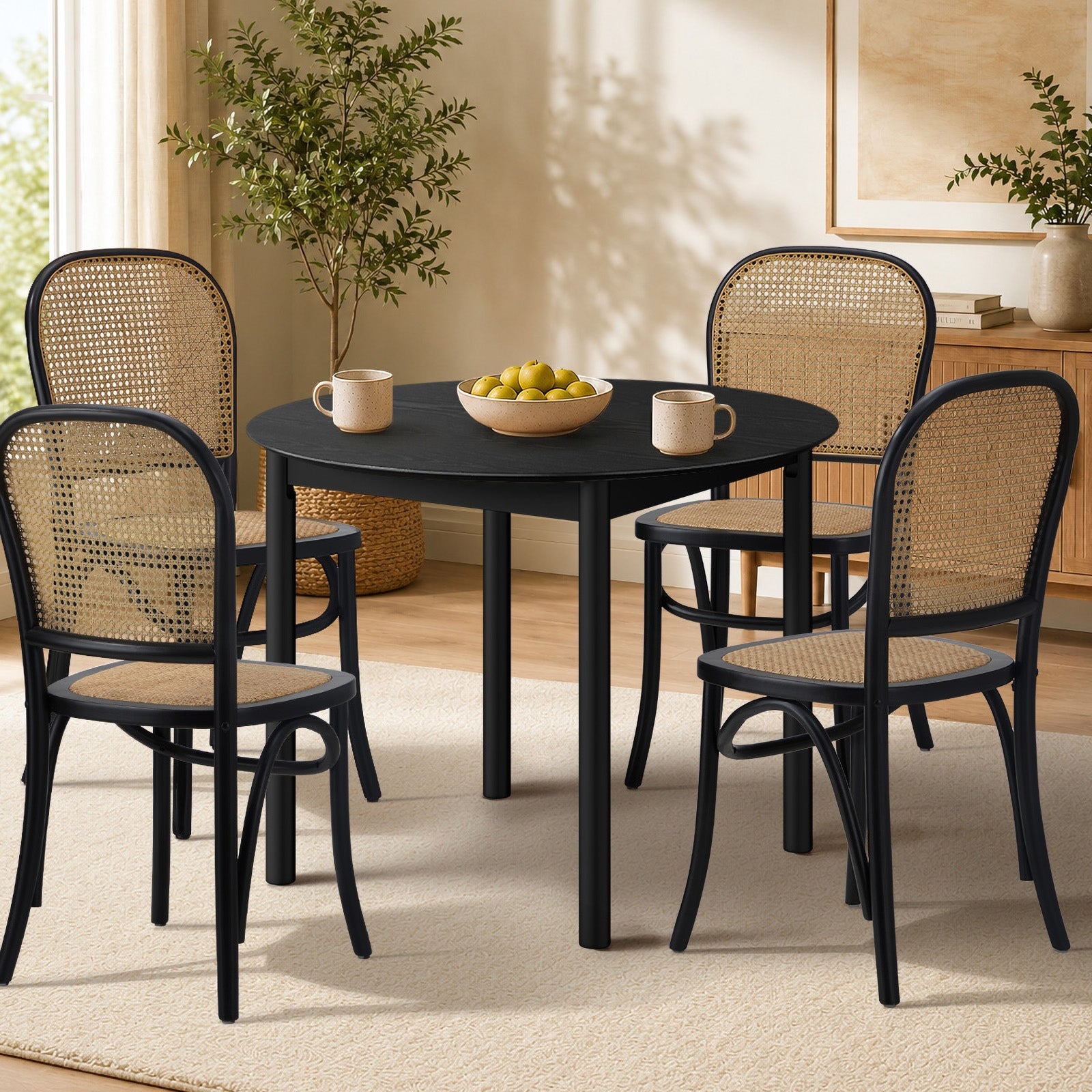 Oikiture Wooden Dining Table 100cm Round Table 4 Seater Pine Wood Legs Black