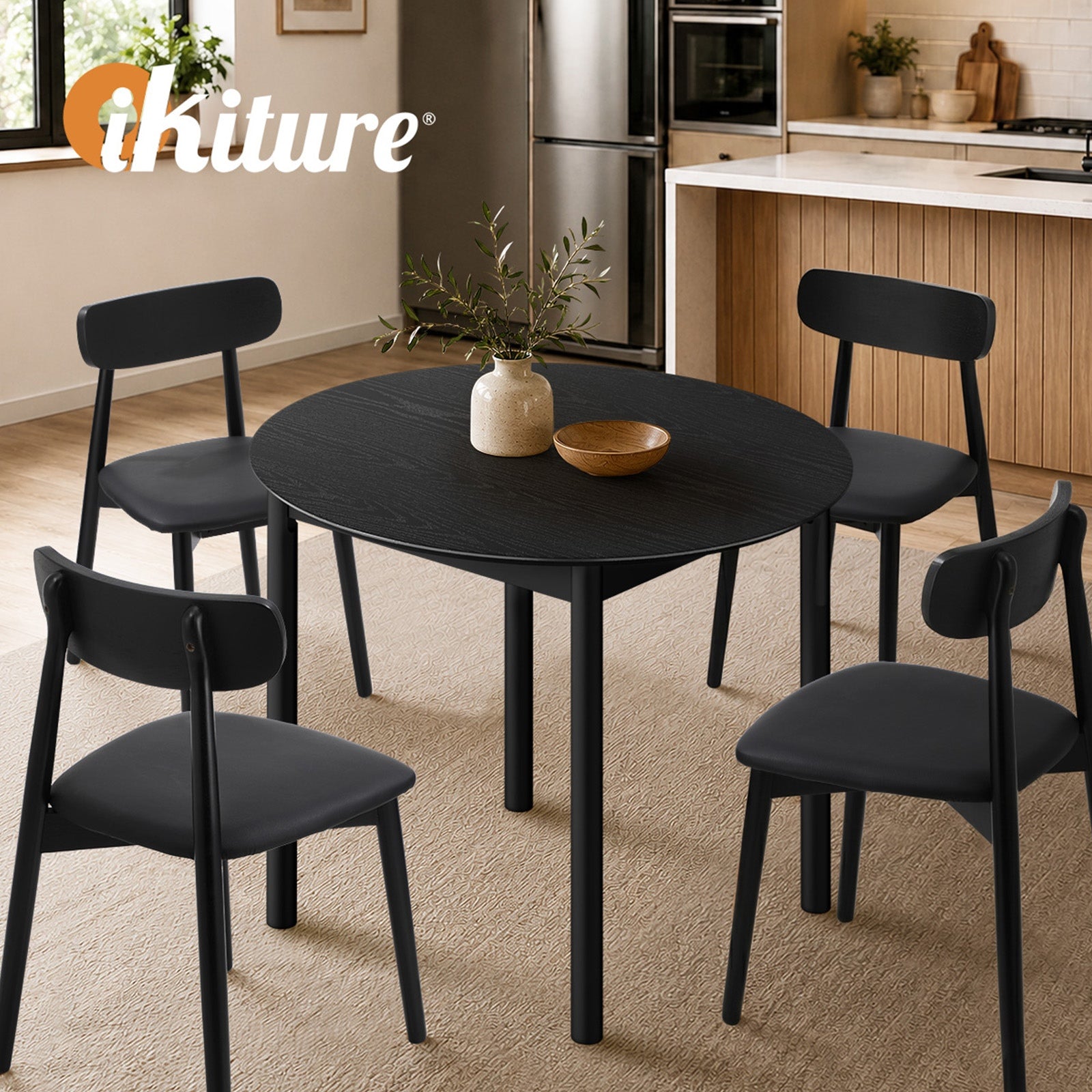 Oikiture Wooden Dining Table 100cm Round Table 4 Seater Pine Wood Legs Black