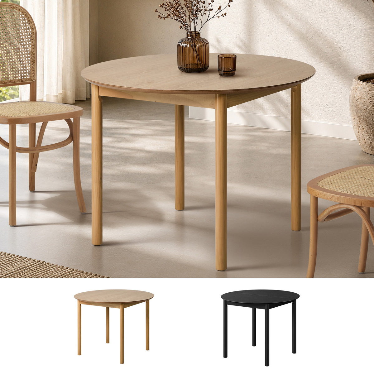Oikiture Wooden Dining Table 100cm Round Table 4 Seater Pine Wood Legs