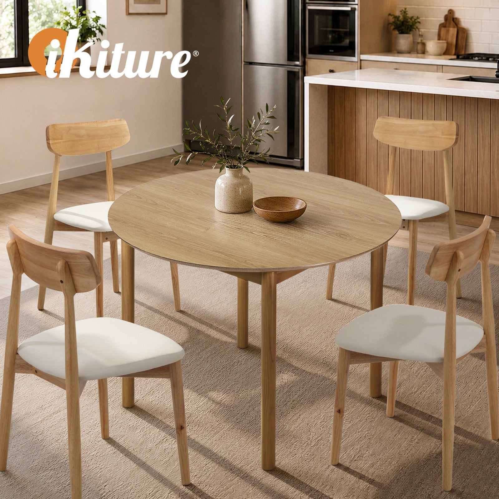 Oikiture Wooden Dining Table 100cm Round Table 4 Seater Pine Wood Legs
