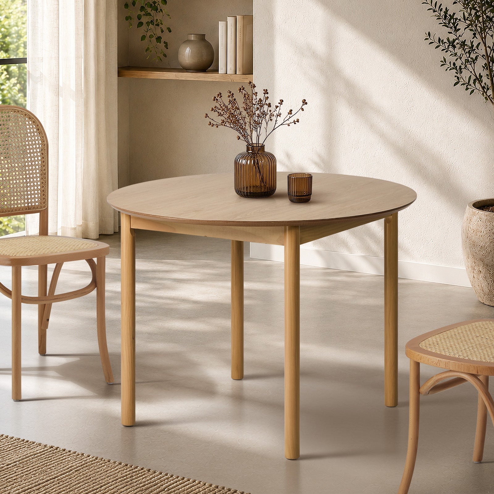 Oikiture Wooden Dining Table 100cm Round Table 4 Seater Pine Wood Legs