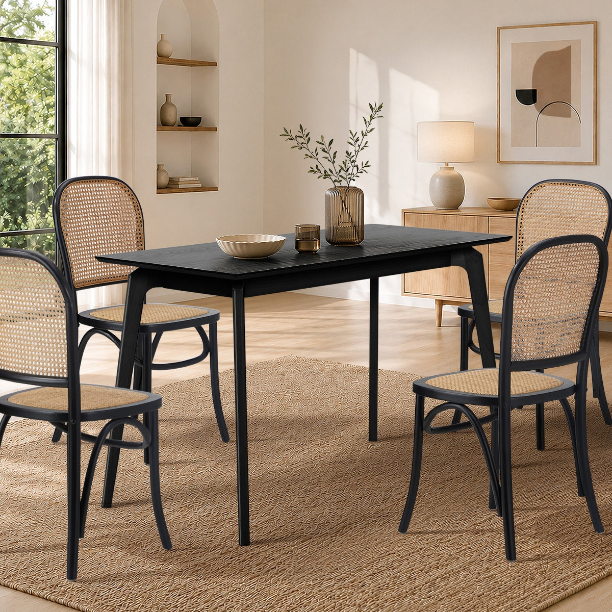 Oikiture Wooden Dining Table 120cm Rectangular 4 Seater Pinewood Legs Black