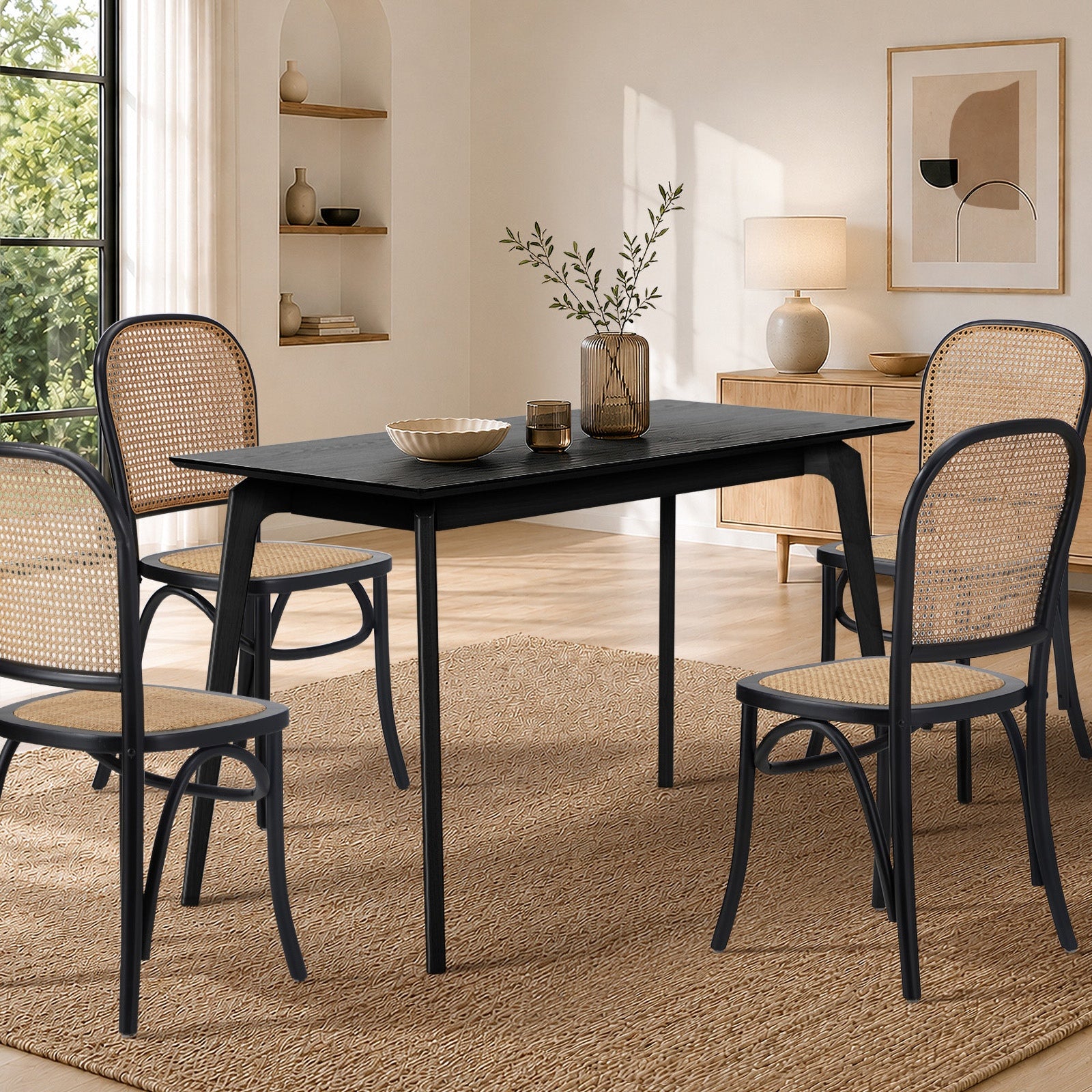Oikiture Wooden Dining Table 120cm Rectangular 4 Seater Pinewood Legs Black