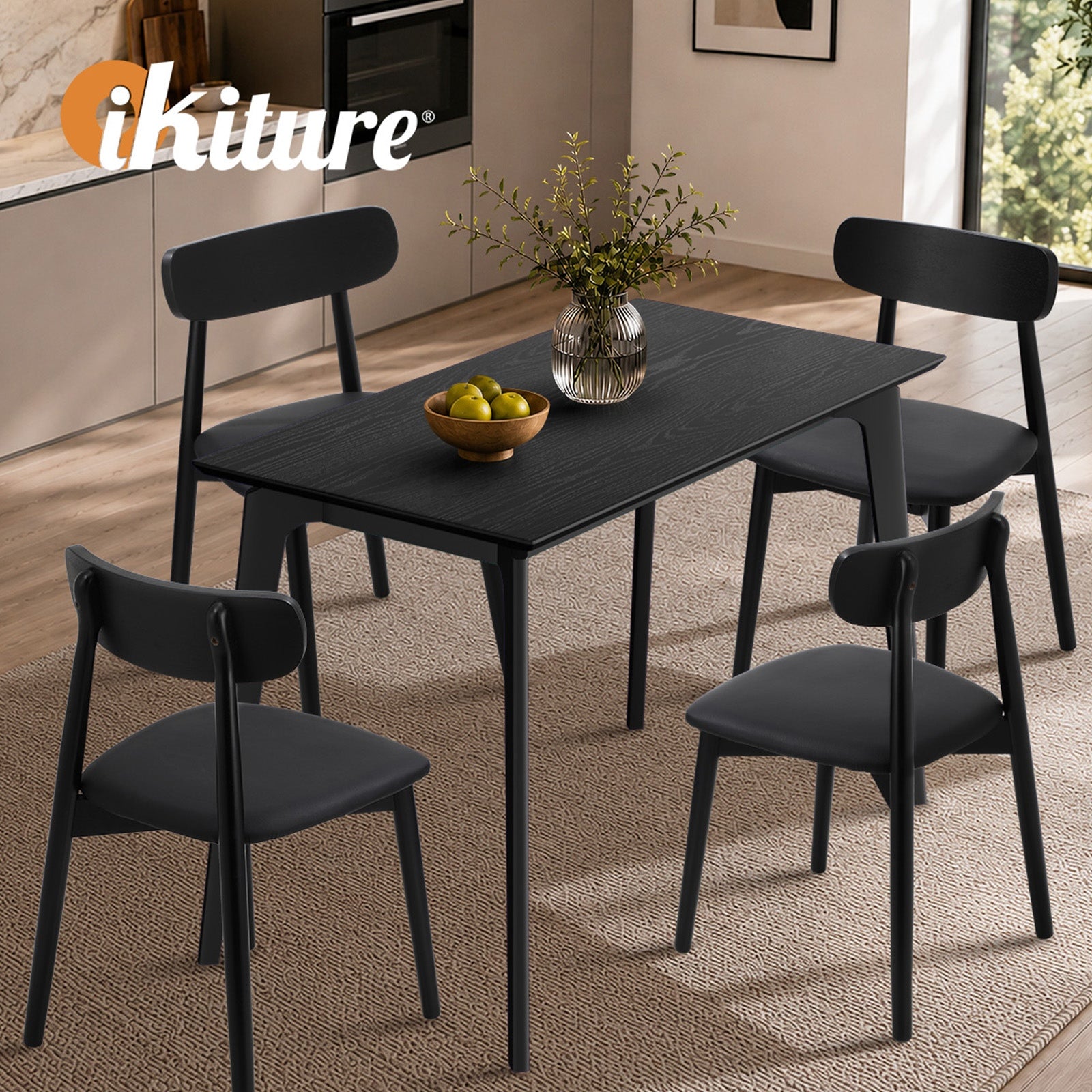 Oikiture Wooden Dining Table 120cm Rectangular 4 Seater Pinewood Legs Black