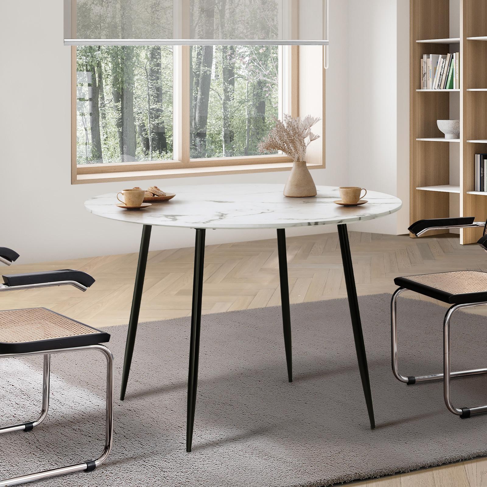 Oikiture 110cm Dining Table Round Wooden Table With Marble Effect Metal Legs WH - Sunyee