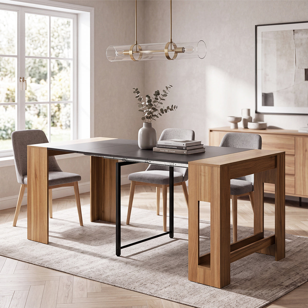Oikiture 180cm Extendable Dining Table Wooden Kitchen Furniture Natural&Black - Sunyee