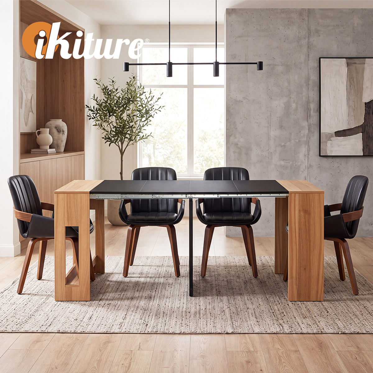 Oikiture 180cm Extendable Dining Table Wooden Kitchen Furniture Natural&Black - Sunyee