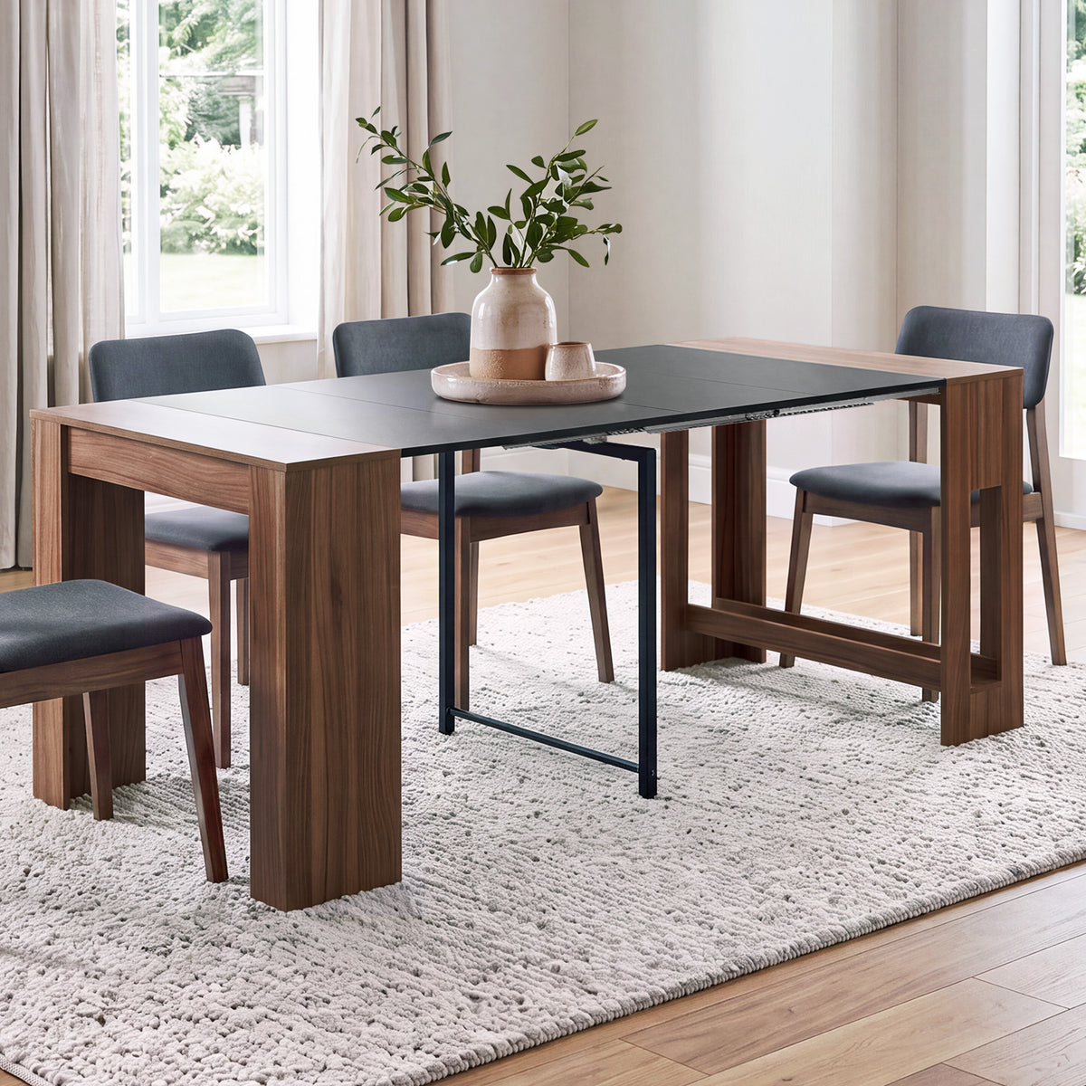 Oikiture 180cm Extendable Dining Table Wooden Kitchen Furniture Walunt&Black - Sunyee