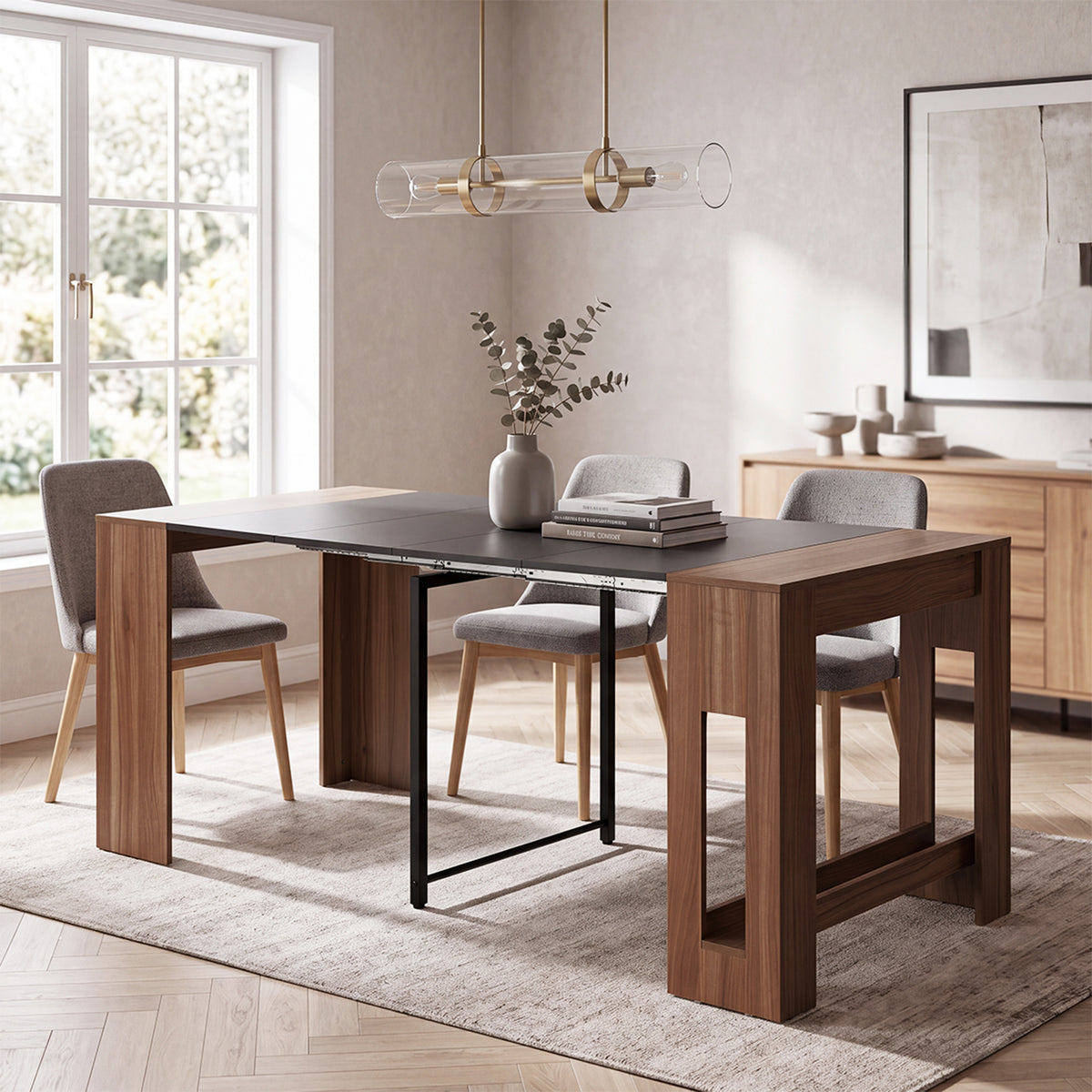 Oikiture 180cm Extendable Dining Table Wooden Kitchen Furniture Walunt&Black - Sunyee
